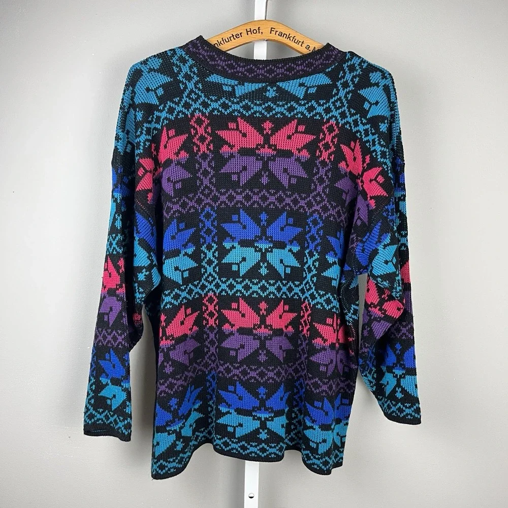 Vintage Classic Essentials‎ Snowflake Ski Sweater Womens XL Black Purple Teal